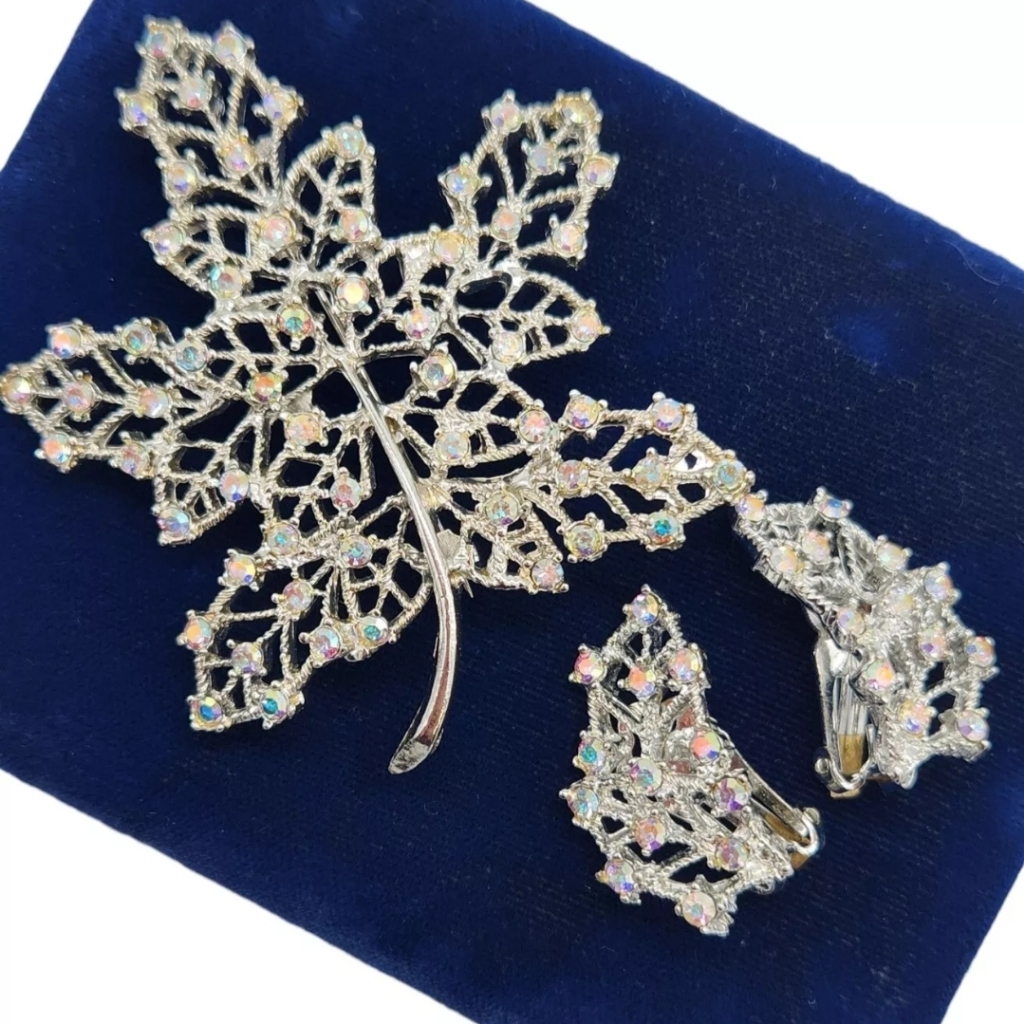 Vintage Signed Dodds Ab Rhinestones Lace Maple Leaf Brooch Clip On Earrings Set